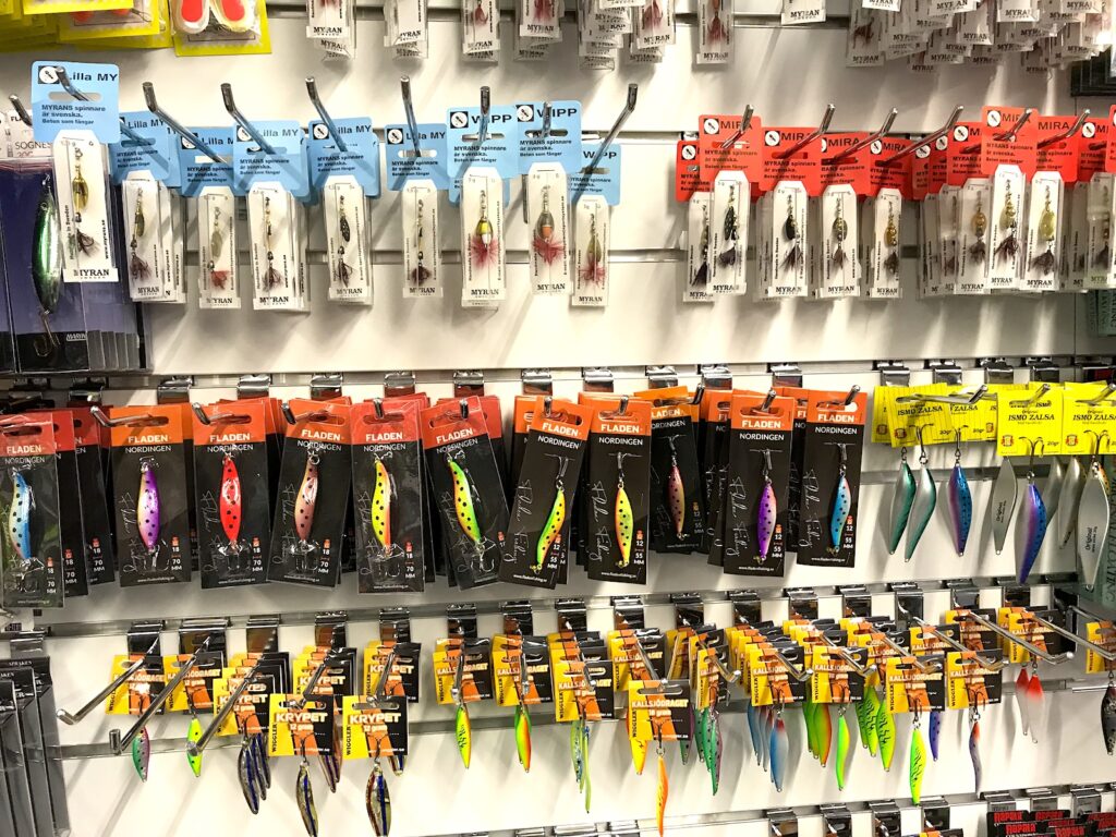 Shop in Kilpisjärvi is full of hooks and other stuff for anglers.